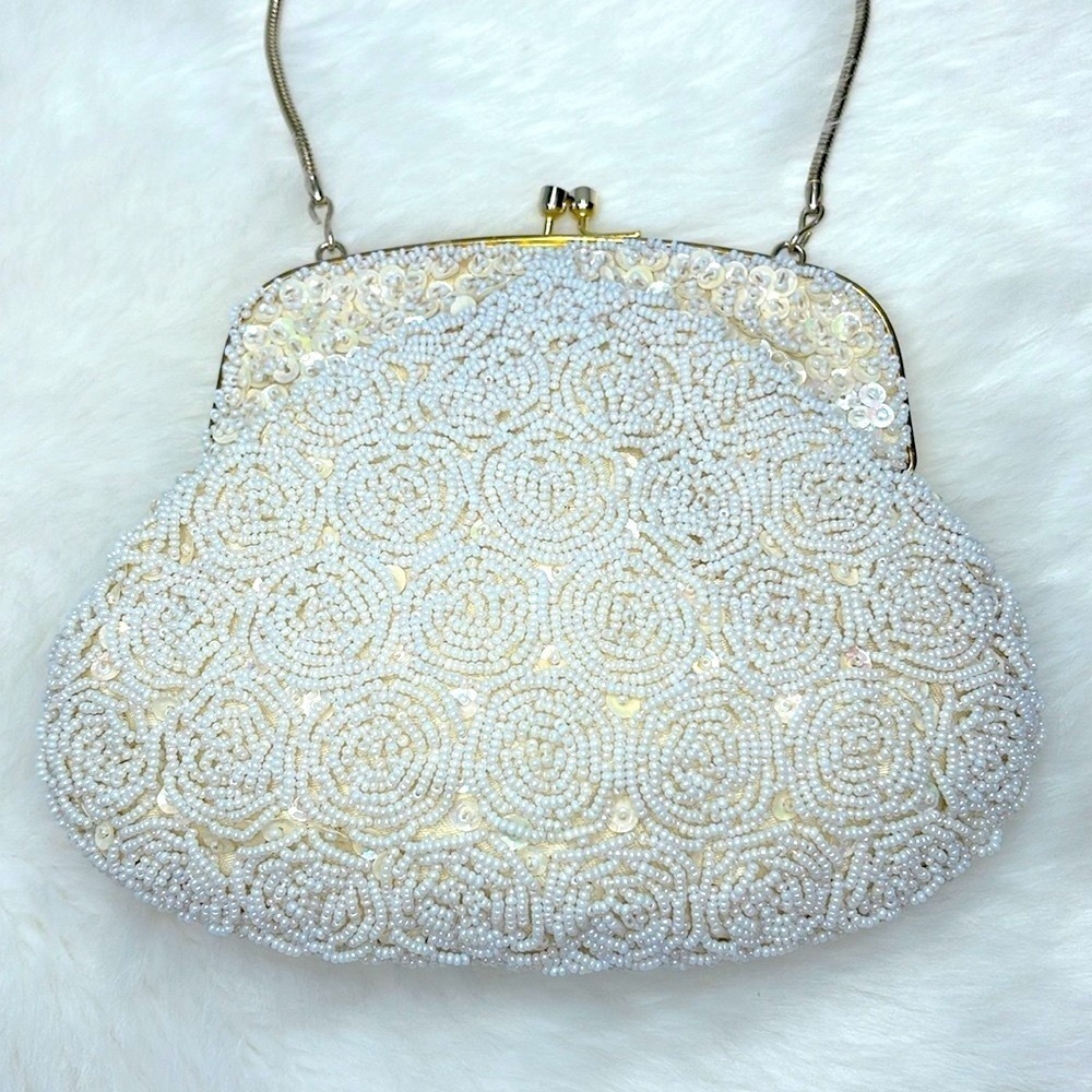 Mid Century Vintage Beaded Sequin Kisslock Evening Handbag Snake Chain Purse - Picture 3 of 16